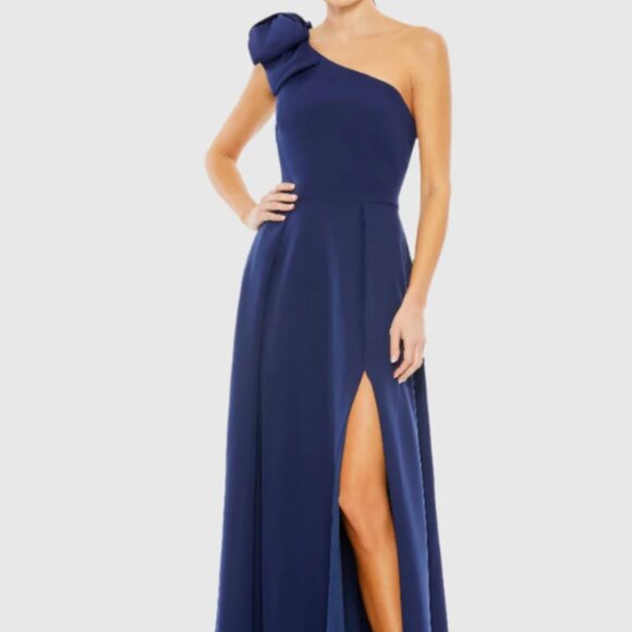 MAC DUGGAL 26989 BOW ONE SHOULDER A-LINE MIDNIGHT NAVY GOWN sz 6 - Picture 2 of 7